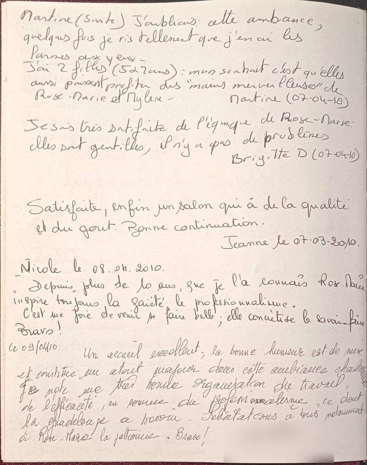 Témoignage manuscrit d'une cliente qui connaît Rose-Marie depuis plus de vingt ans