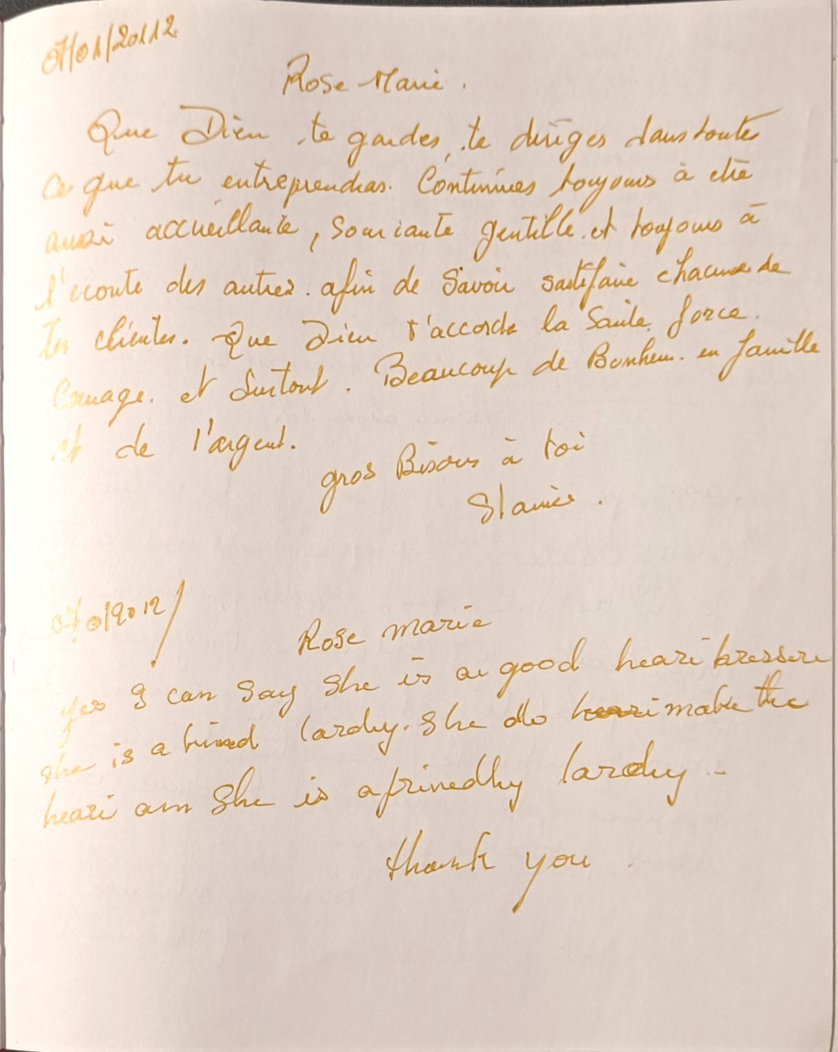 Témoignage manuscrit en anglais laissé par une cliente