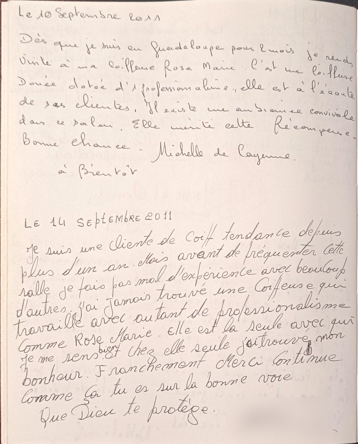Témoignage manuscrit d'une cliente venue de Cayenne