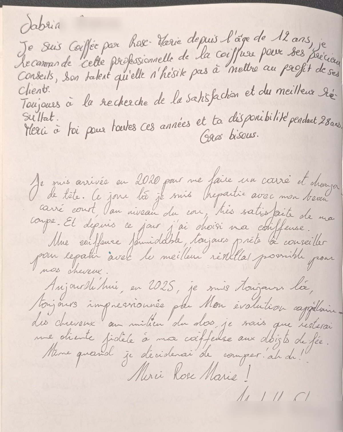 Témoignage manuscrit : cliente coiffée par Rose-Marie depuis l'âge de 12 ans