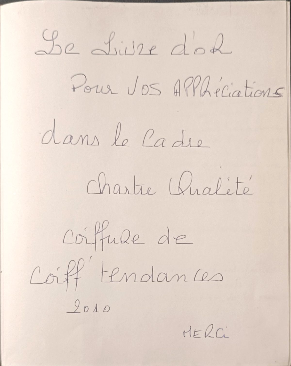 Page de titre du livre d'or, ouvert en 2010 dans le cadre de la charte qualité