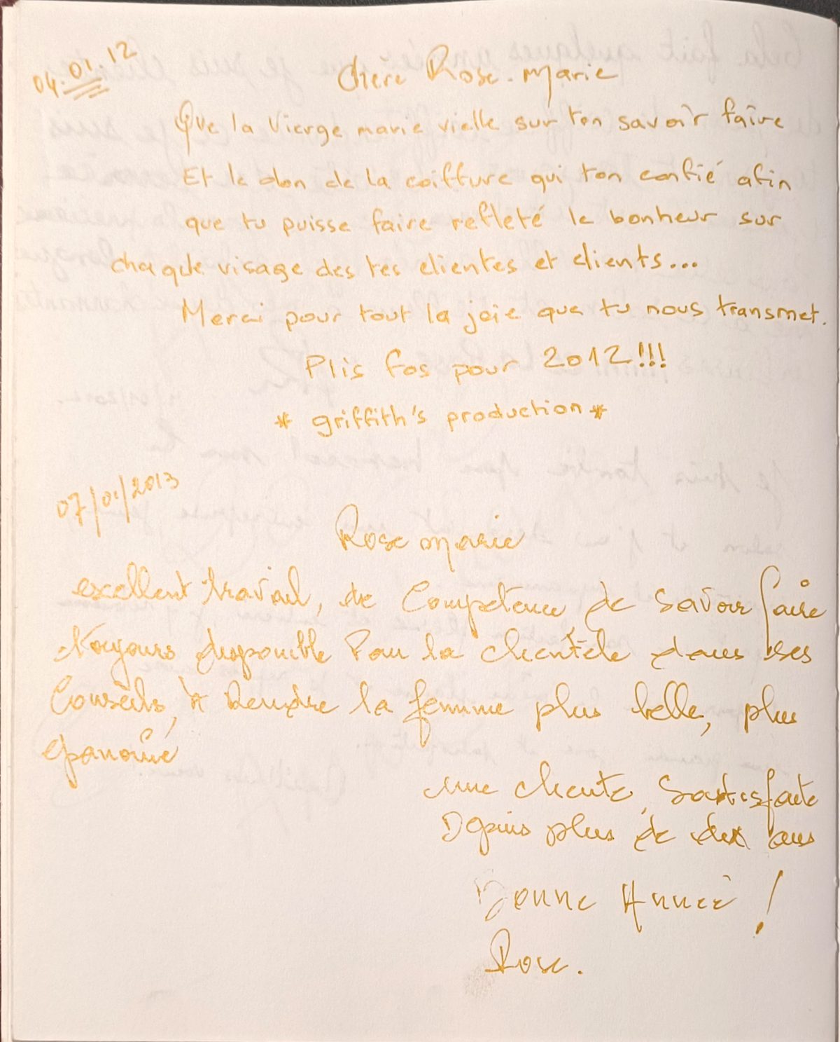 Témoignage manuscrit à l'encre orange, vœux adressés à Rose-Marie